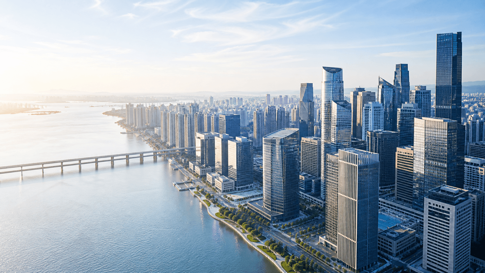 Aerial view of a modern waterfront financial district